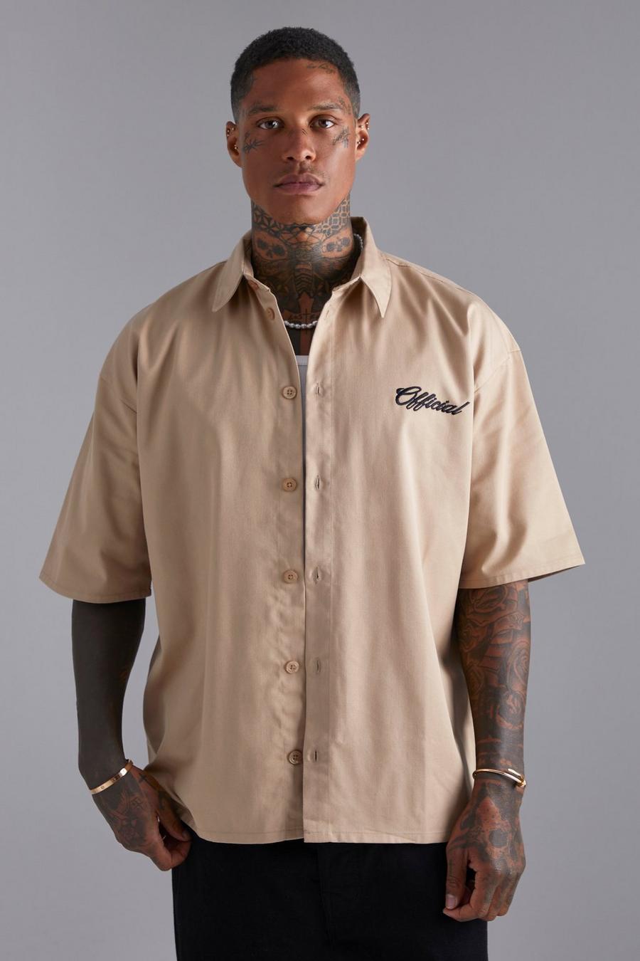 Kastiges besticktes Oversize Overshirt, Taupe beige image number 1