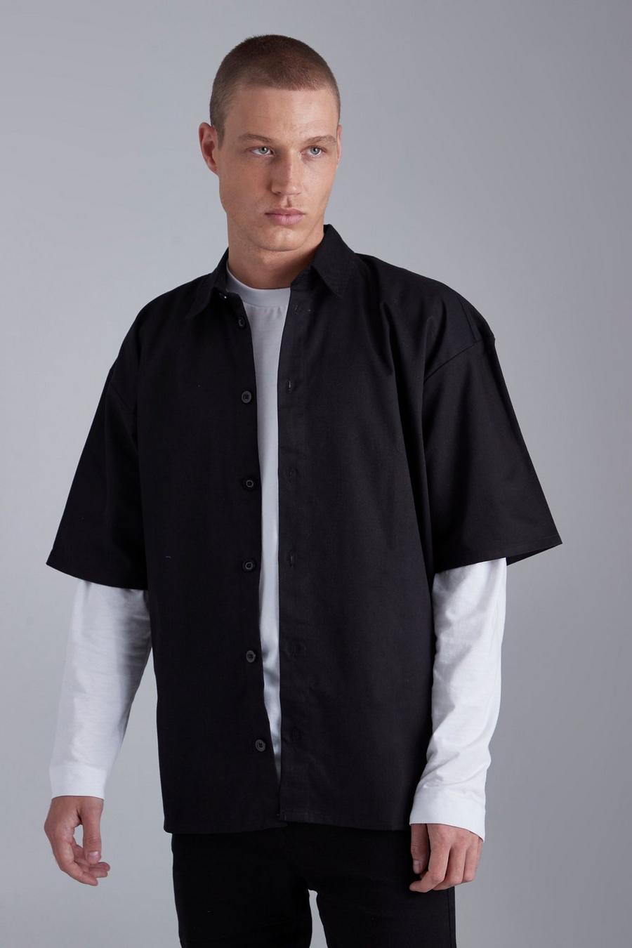 Black Short Sleeve Boxy Oversized Overshirt