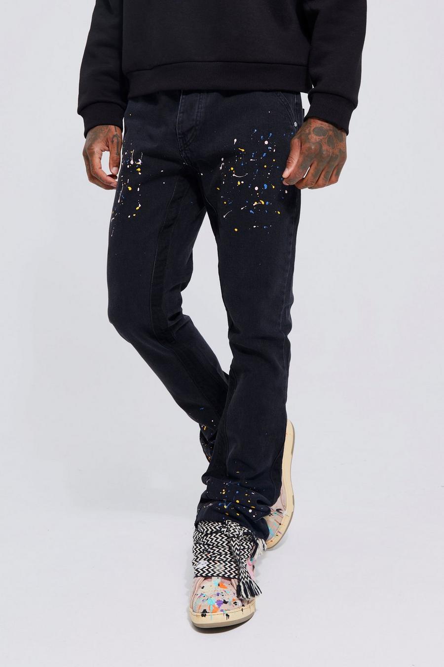 Skinny Flare Panel Paint Splatter Jeans | boohoo