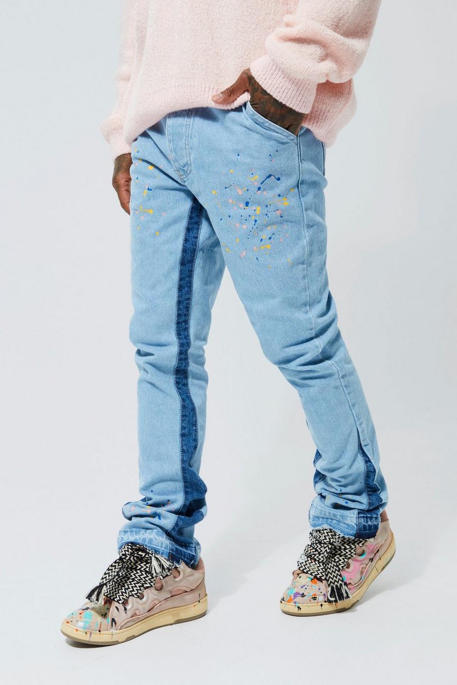 Light blue Skinny Flare Panel Paint Splatter Jeans image number 1