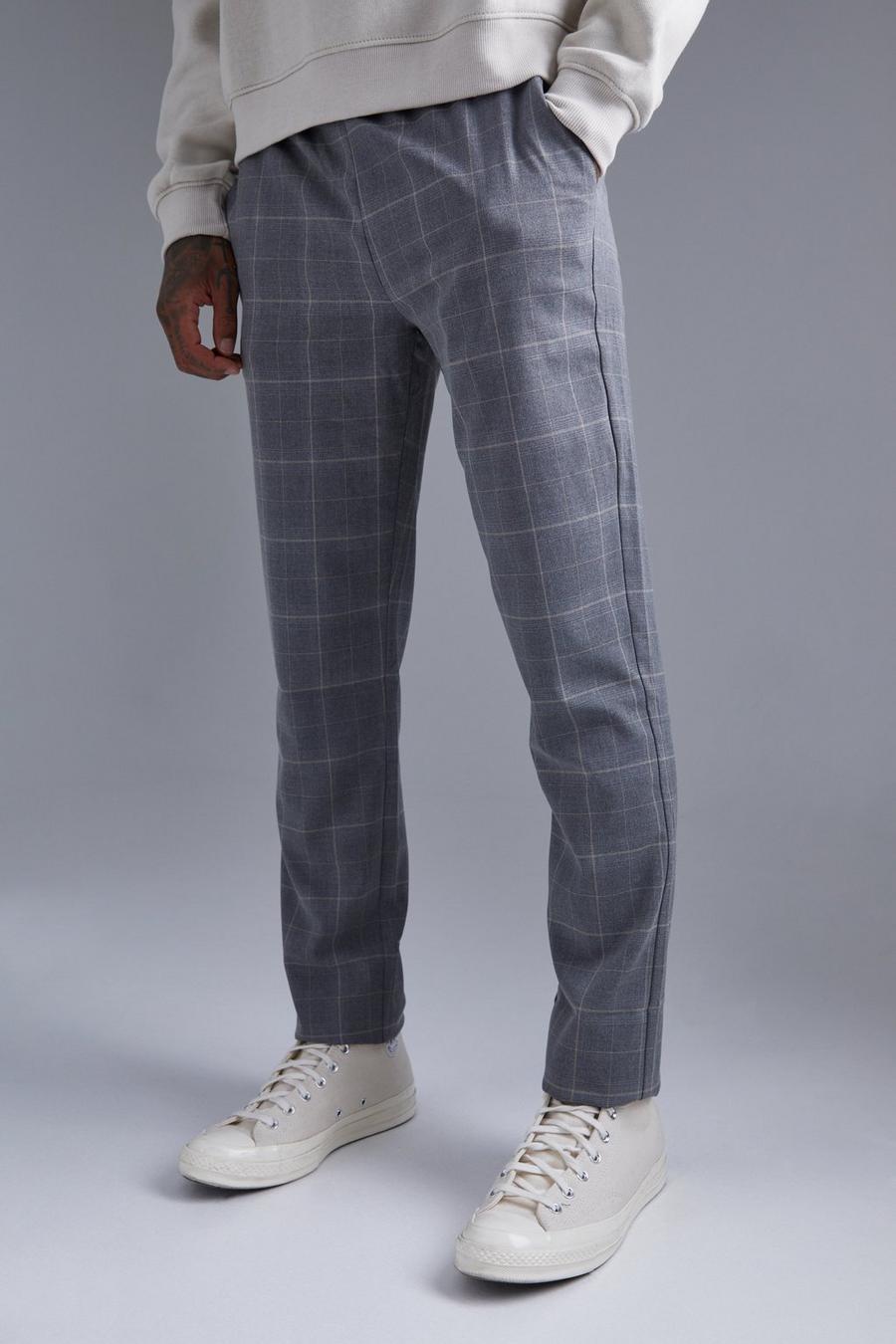 Grey Slim Check Jogger Waist Trousers