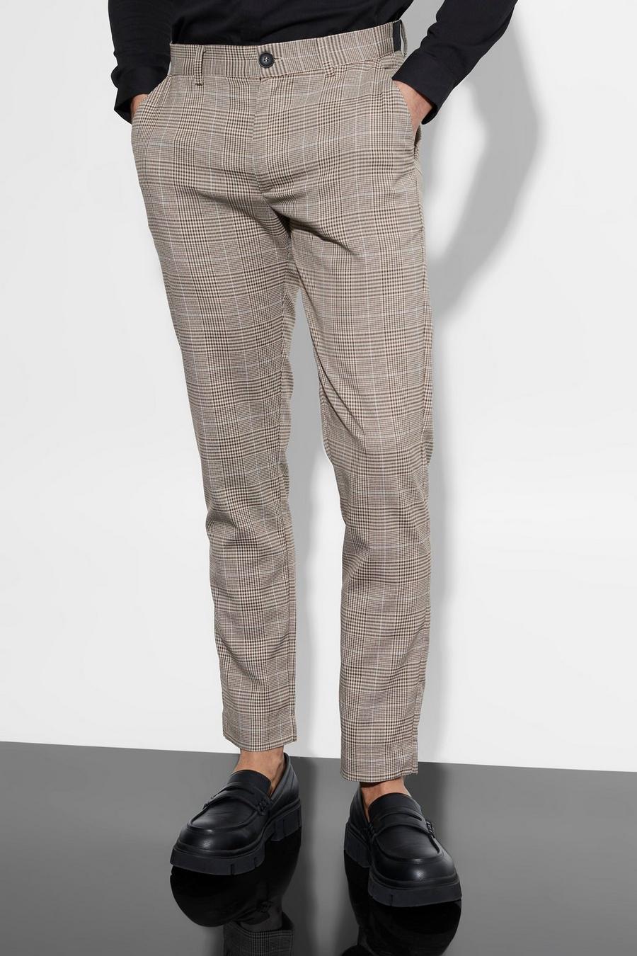 Pantalón pitillo elegante de grogrén con cintura elástica y estampado de cuadros, Brown image number 1
