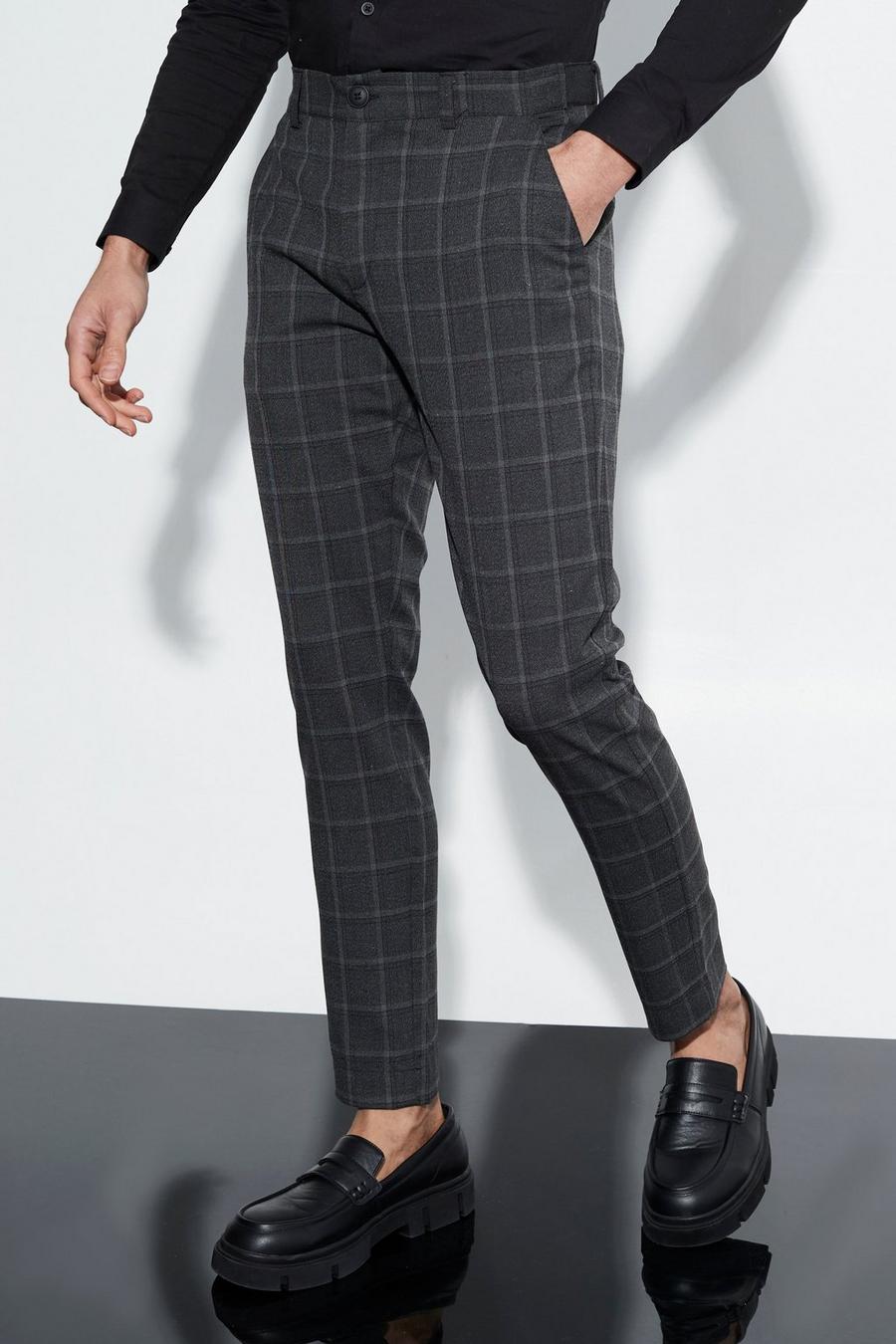 Pantalón pitillo elegante de grogrén con cintura elástica y estampado de cuadros, Charcoal image number 1