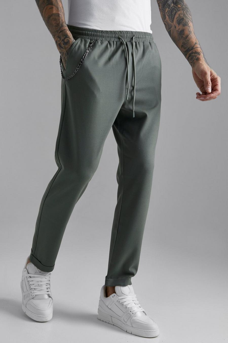 Khaki Tapered Turn Up Hem Chain Trousers image number 1
