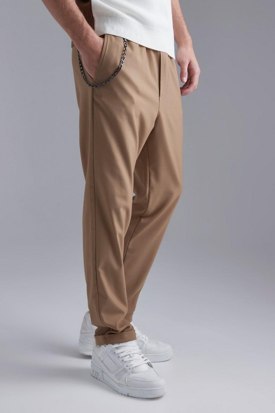 Taupe Tapered Turn Up Hem Chain Trousers image number 1