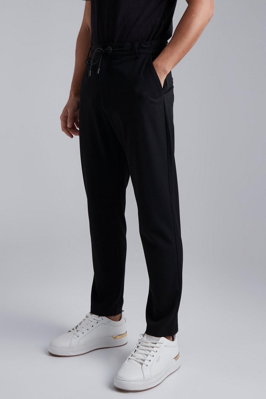 Black Tapered Comfort Stretch Drawcord Trousers image number 1