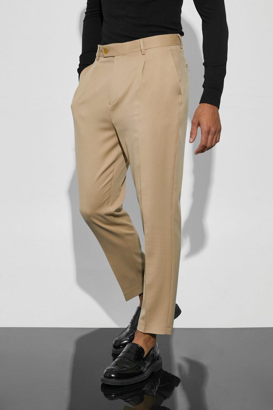 Taupe beige Tapered Comfort Stretch ruffled Trousers