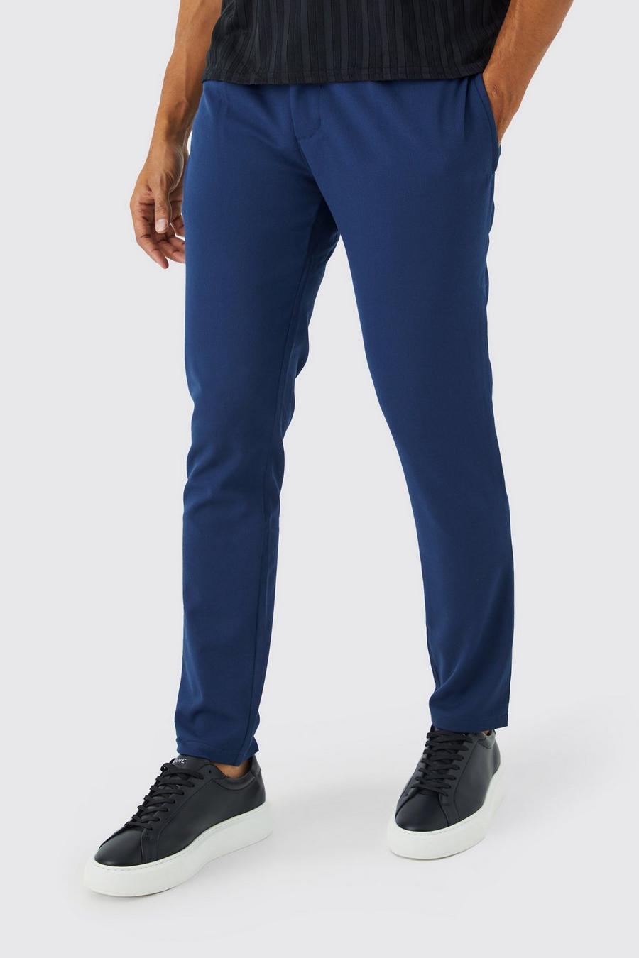 Navy marinblå Slim fit byxor med stretch och dragsko