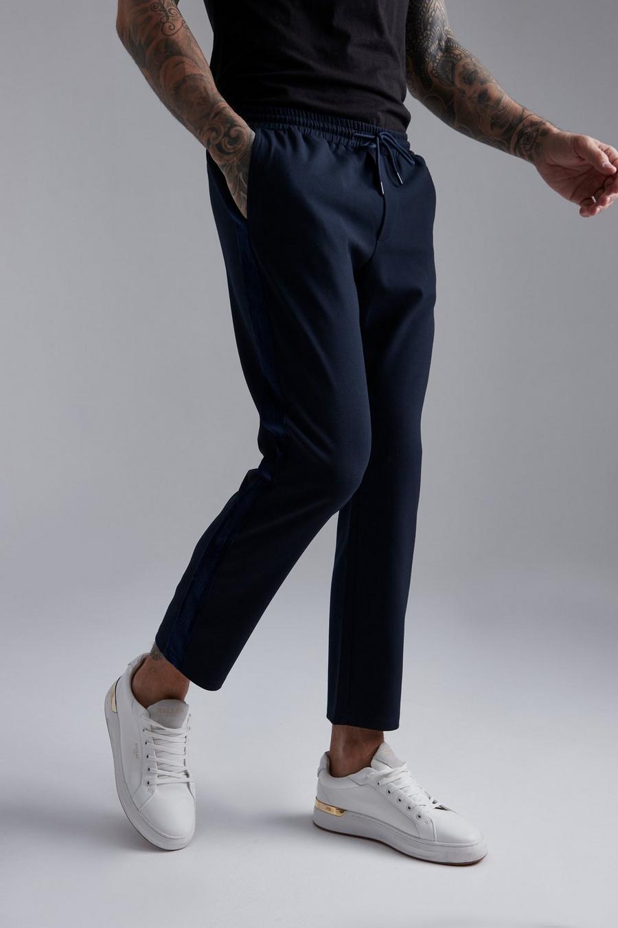 Pantaloni tuta alla caviglia Slim Fit in velours con striscia, Navy blu oltremare image number 1