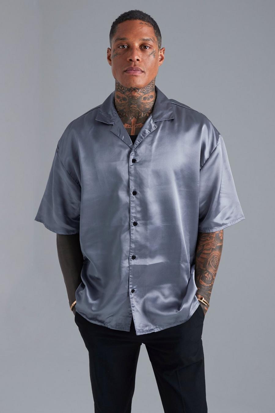 Grey Short Sleeve Oversized Boxy Satin Shirt  image number 1