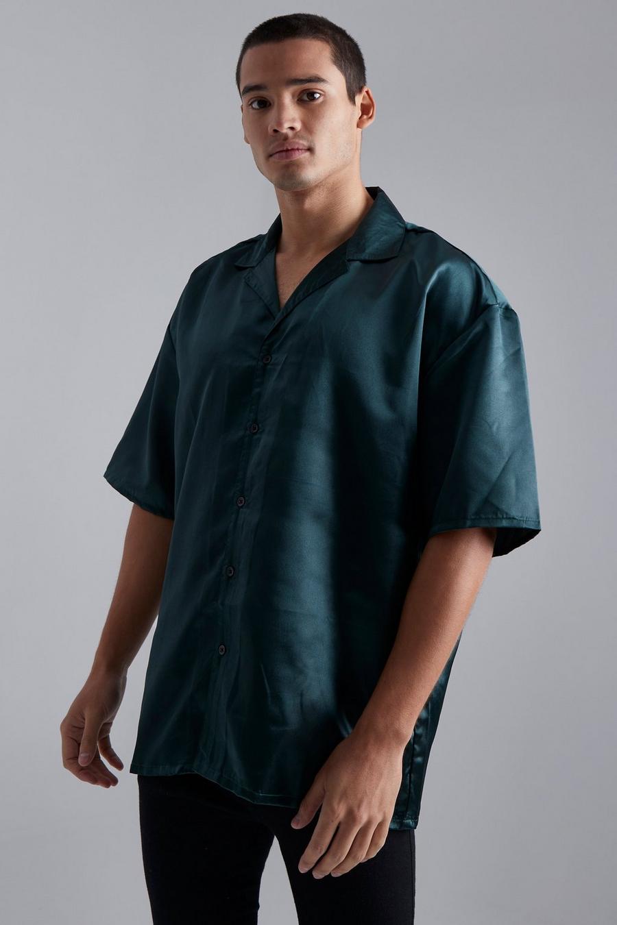Forest green Short Sleeve Oversized Boxy Satin Shirt  image number 1