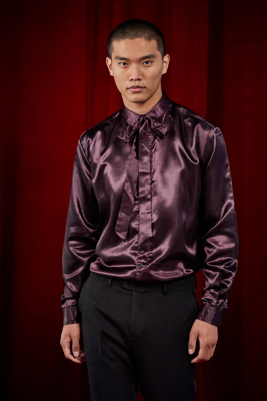 Purple Long Sleeve Oversized Tie Neck Satin Shirt  image number 1