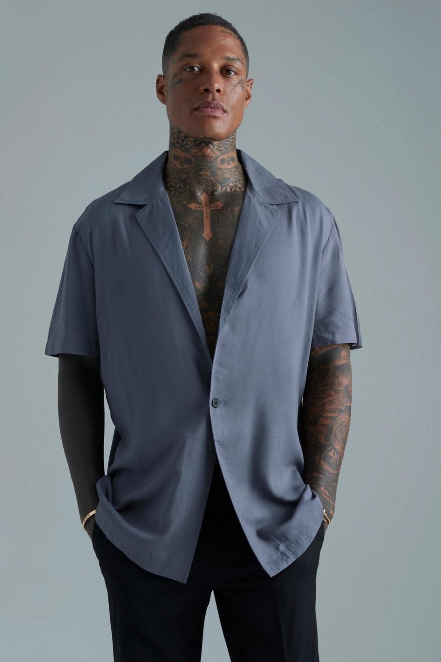 Dark grey grau Short Sleeve Single Breasted Viscose Shirt 