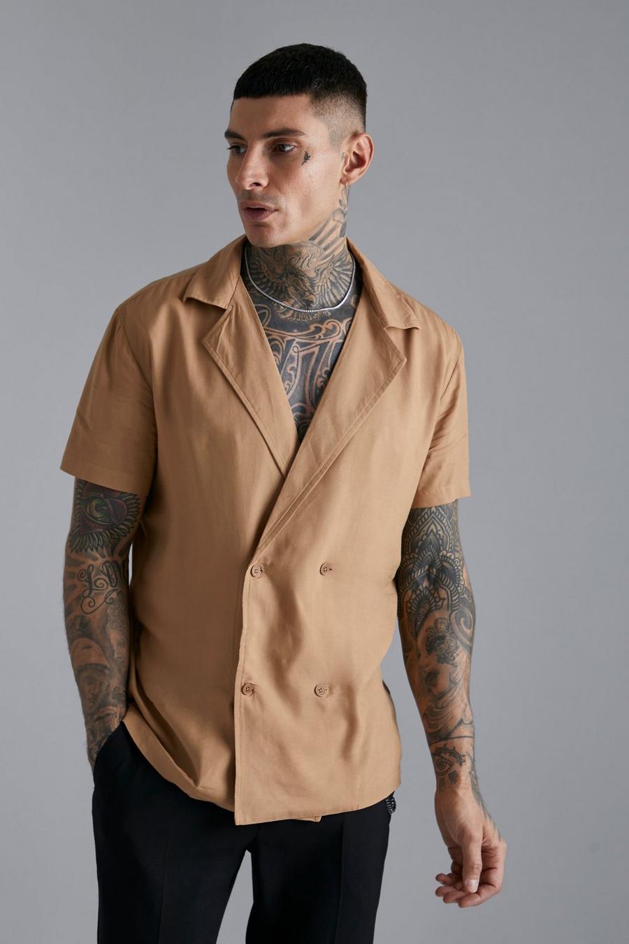 Taupe Short Sleeve Double Breasted Viscose Shirt  image number 1