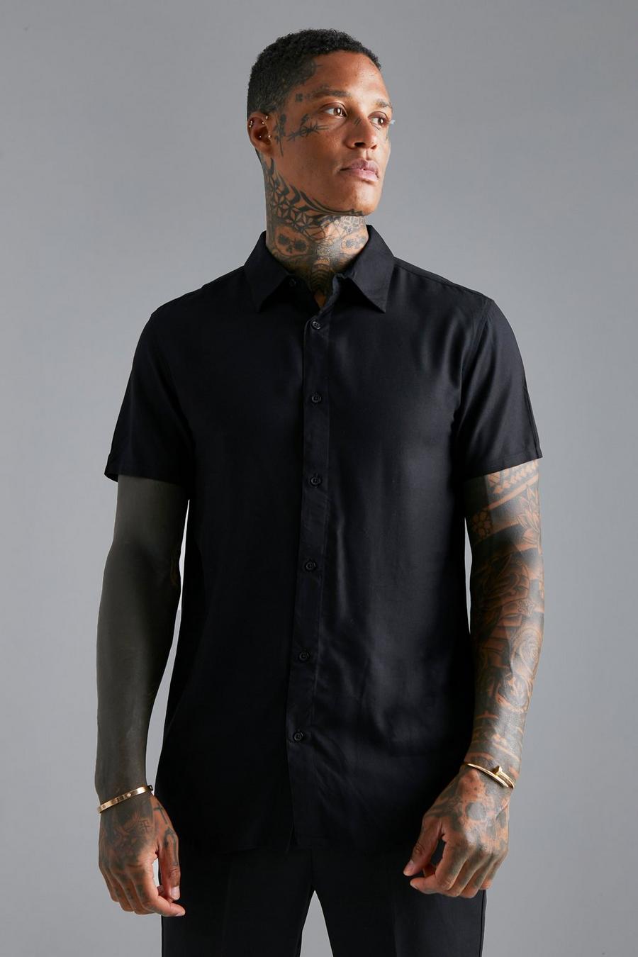 Black Short Sleeve Viscose Shirt  image number 1