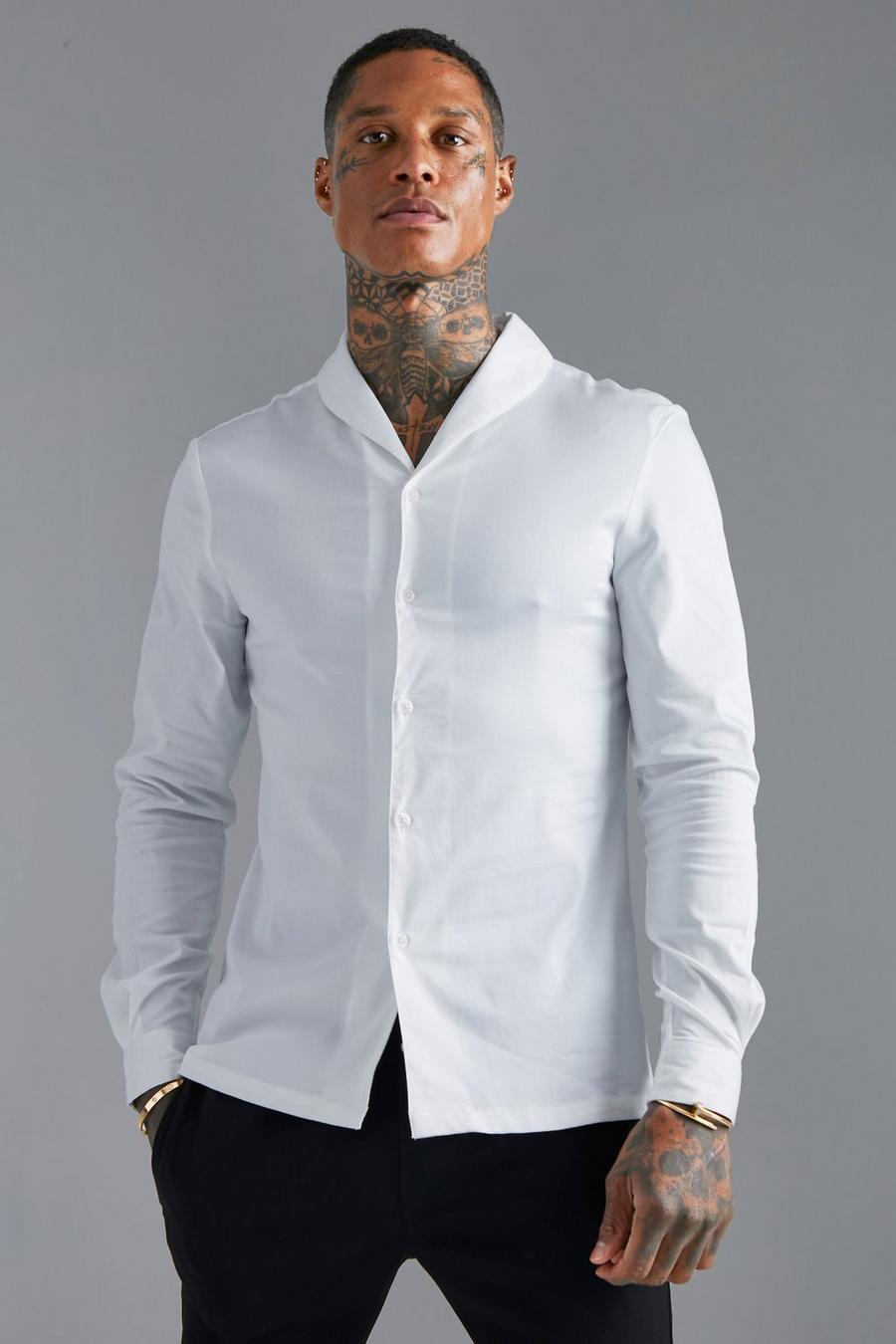 White Long Sleeve Slim Shawl Collar Sateen Shirt  image number 1