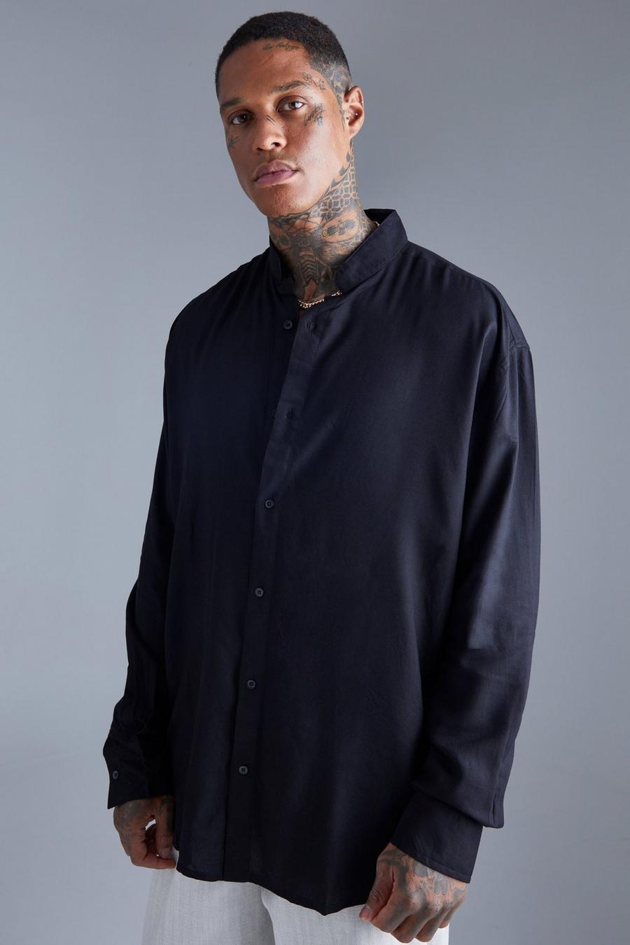 Camicia oversize a maniche lunghe in viscosa con colletto serafino, Black negro