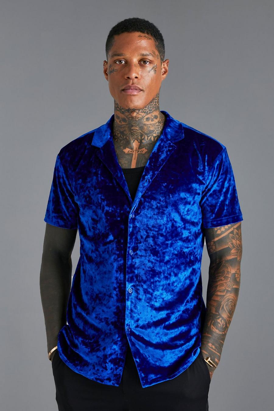 Cobalt azul Short Sleeve Crushed Velvet Shirt  image number 1
