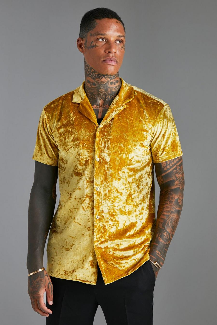 Mustard Short Sleeve Crushed Velvet Shirt  image number 1