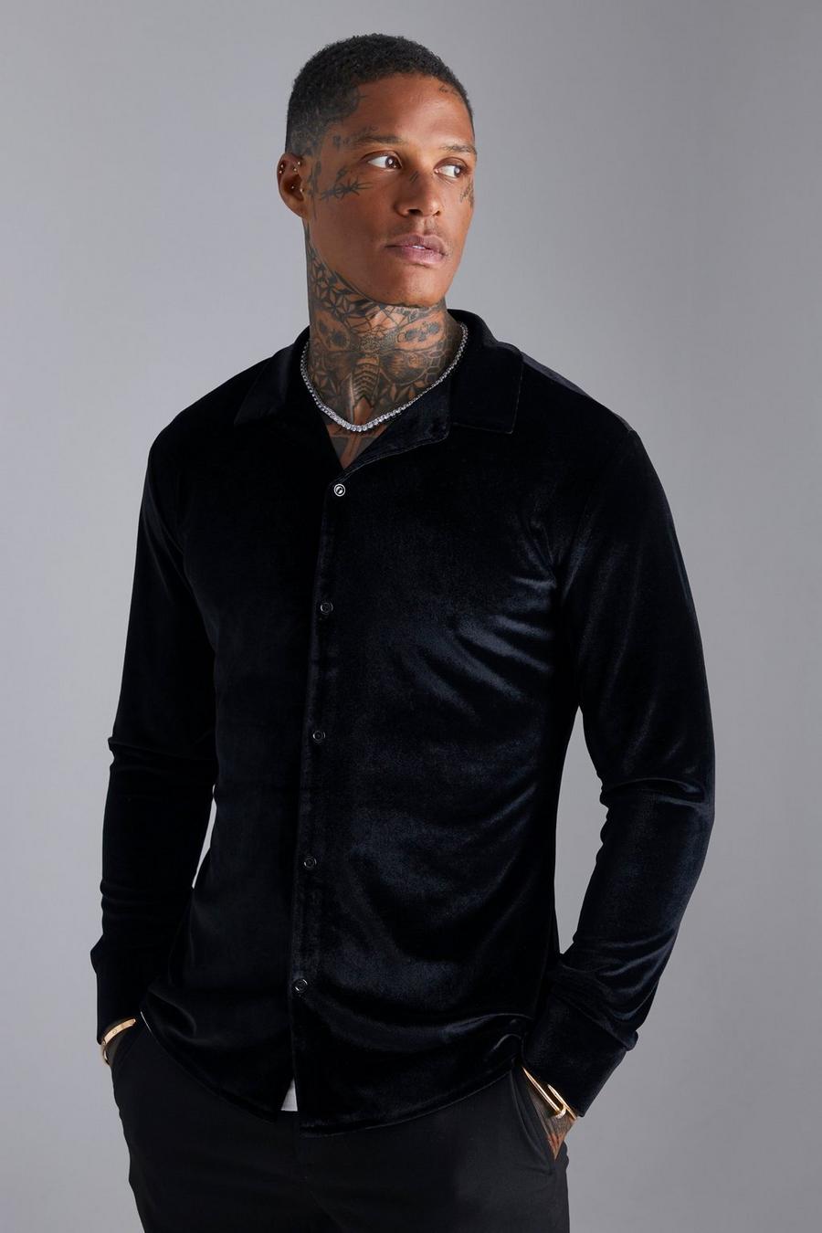 Camicia attillata a maniche lunghe in velluto, Black image number 1