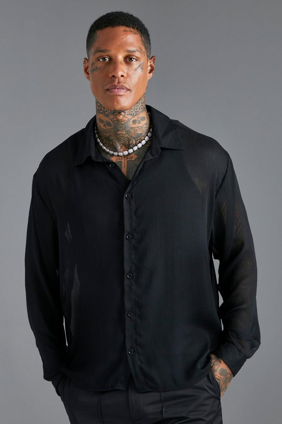 Black Long Sleeve Boxy Chiffon Shirt  image number 1