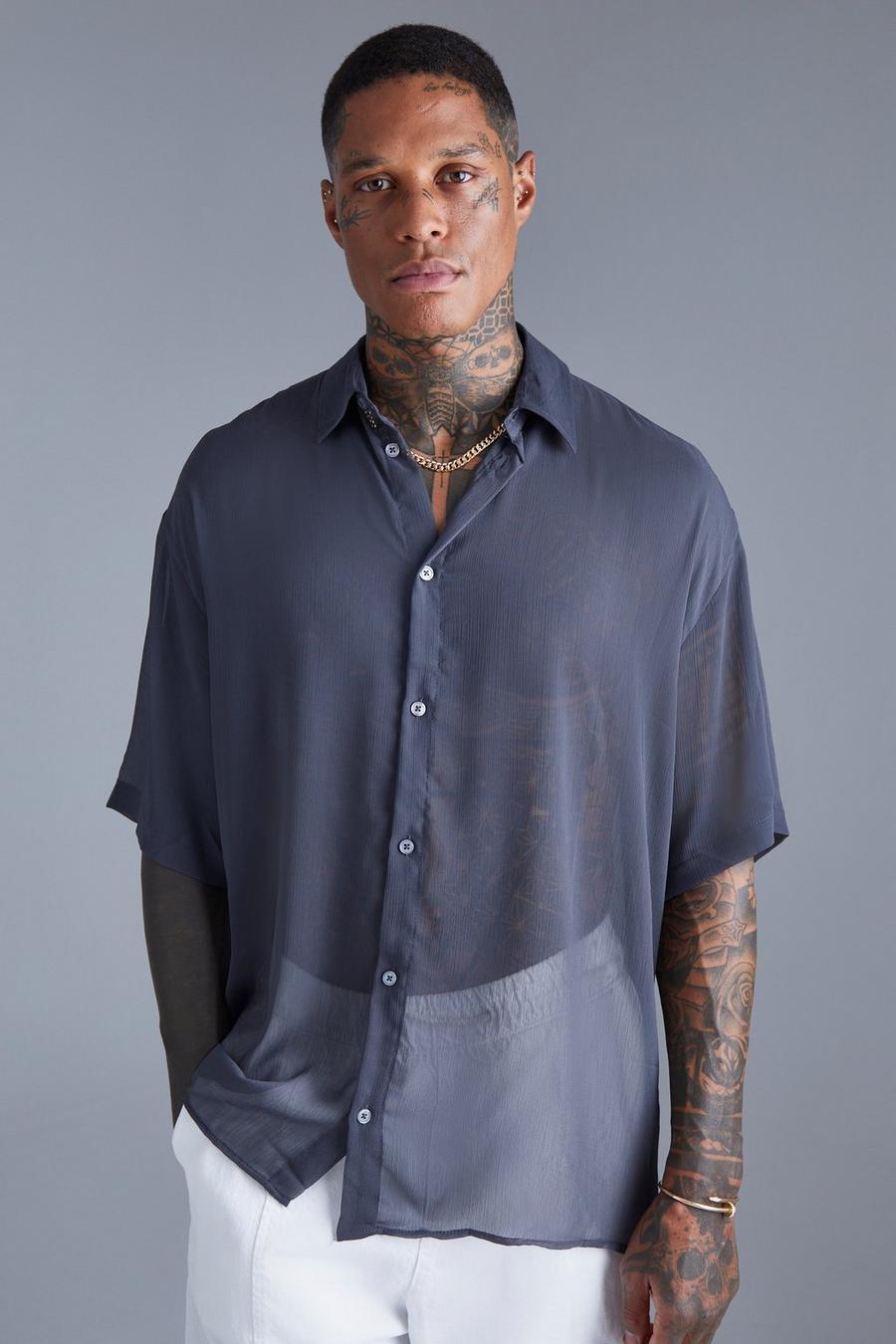 Camicia squadrata oversize in chiffon, Dark grey image number 1