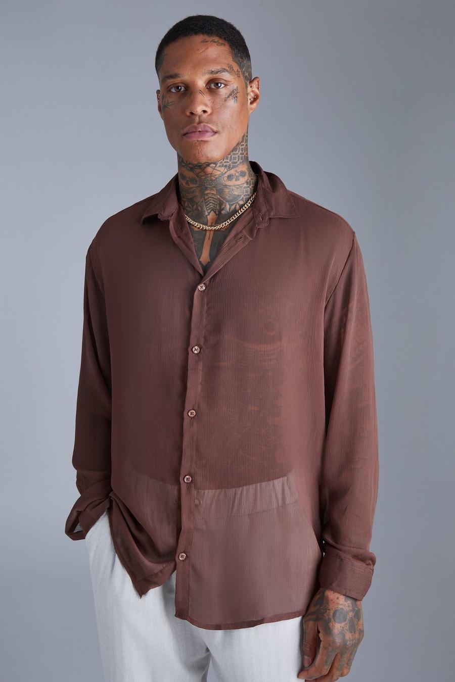 Chocolate brown Long Sleeve Oversized Chiffon Shirt  image number 1
