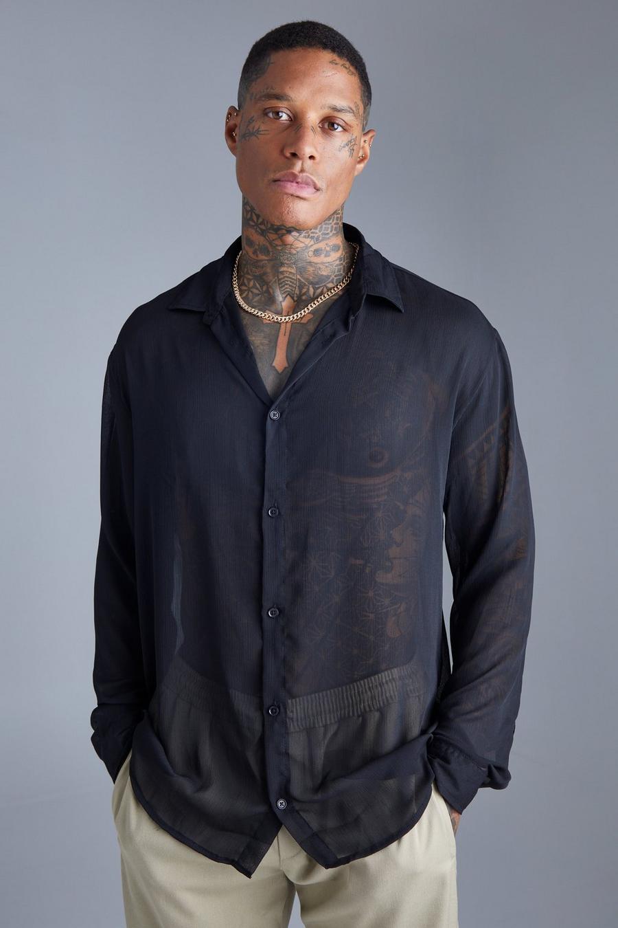 Black Long Sleeve Oversized Chiffon Shirt  image number 1