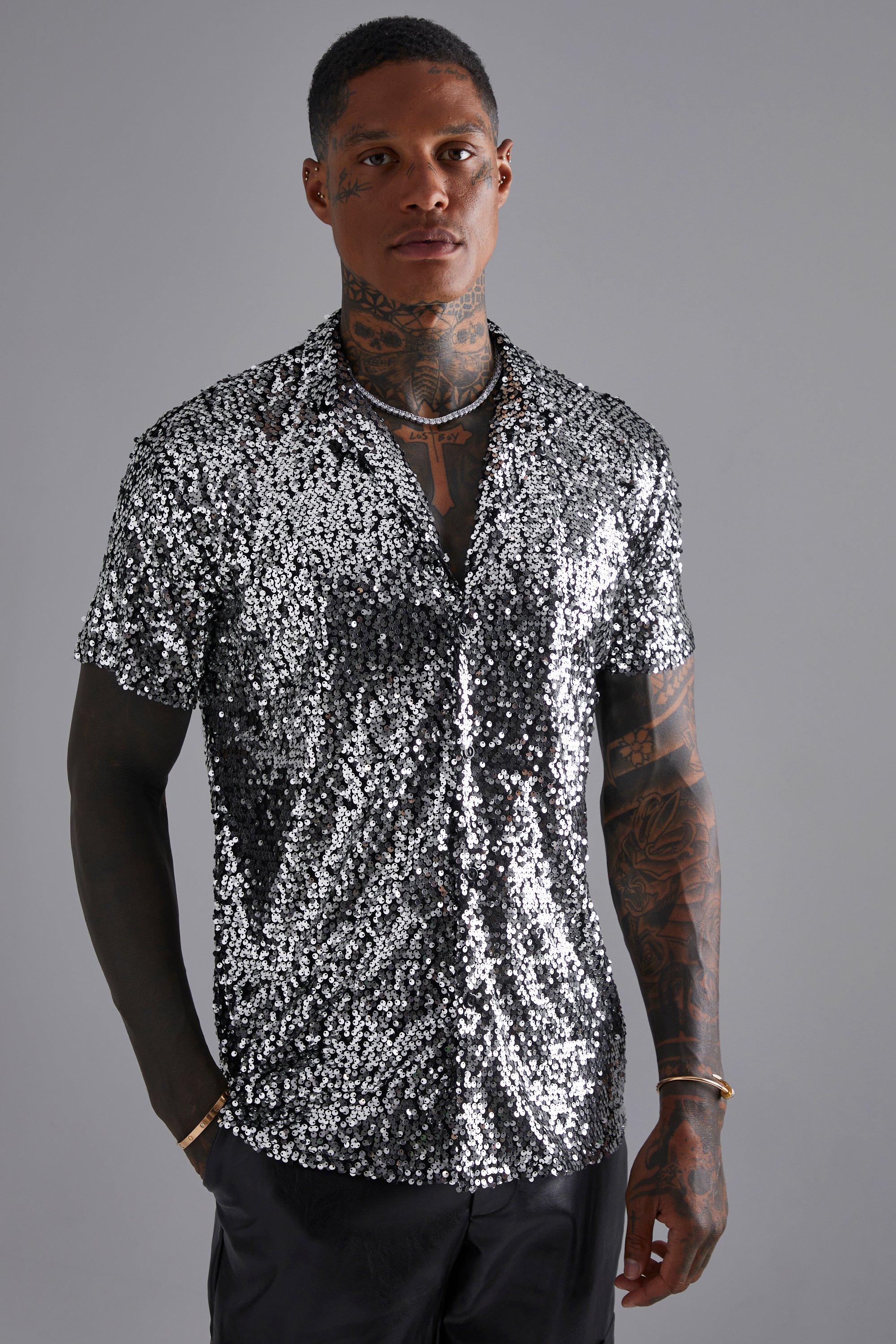 Men Zip Up Sequin Shirt  Mens shorts outfits, Sequin shirt, Sequin shorts  outfit