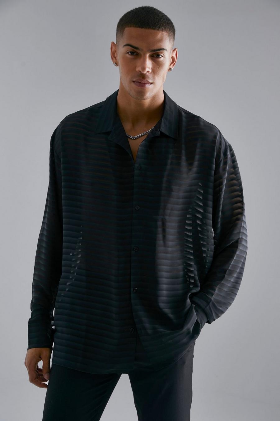 Black Long Sleeve Oversized Chiffon Stripe Shirt  image number 1