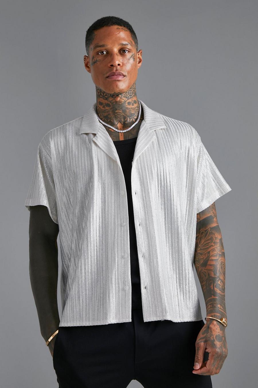 White Short Sleeve Boxy Metallic Shirt 