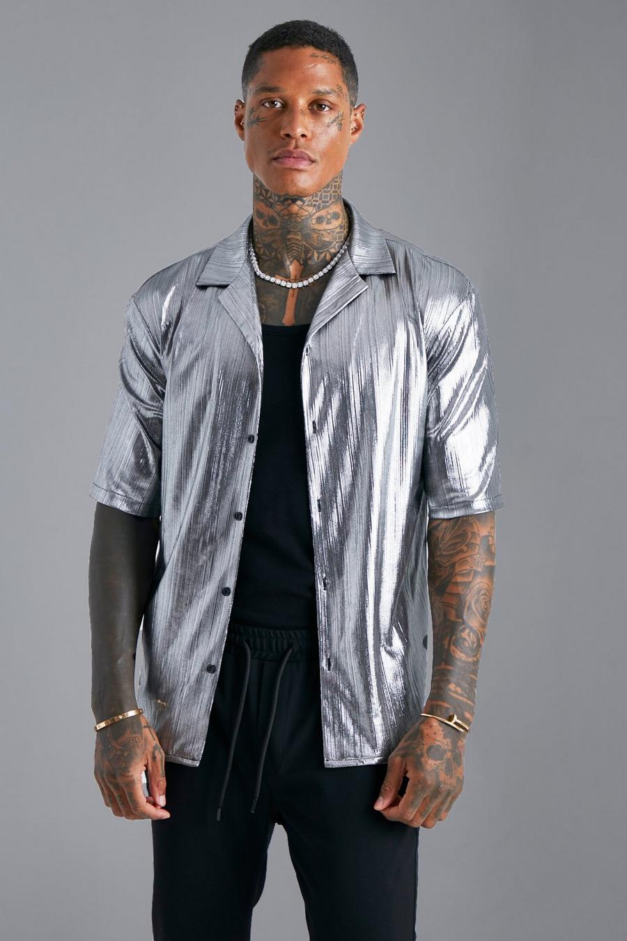Dark grey Short Sleeve Dropped Revere Metallic Shirt  image number 1