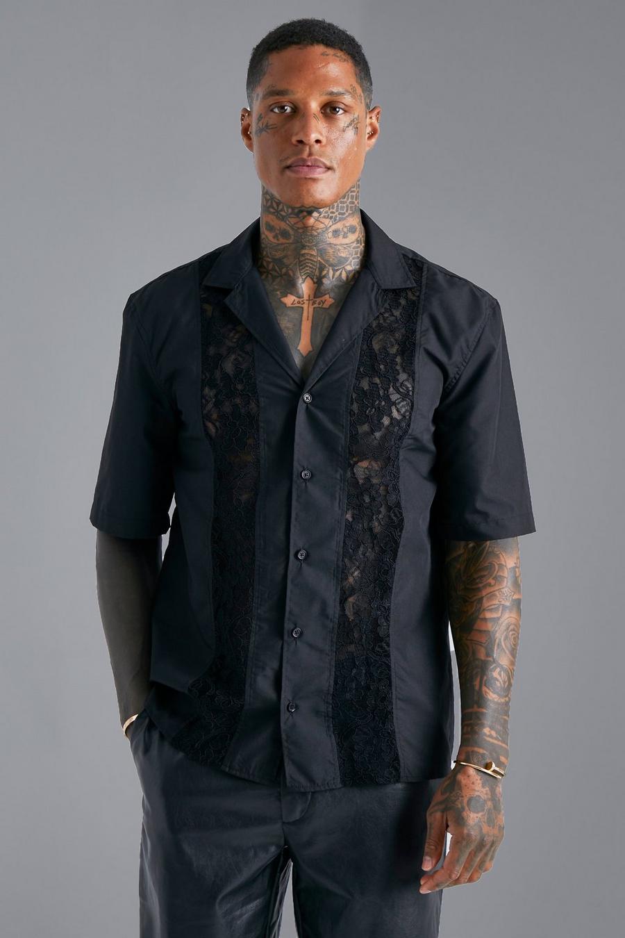 Black Short Sleeve Dropped Revere Lace Shirt image number 1