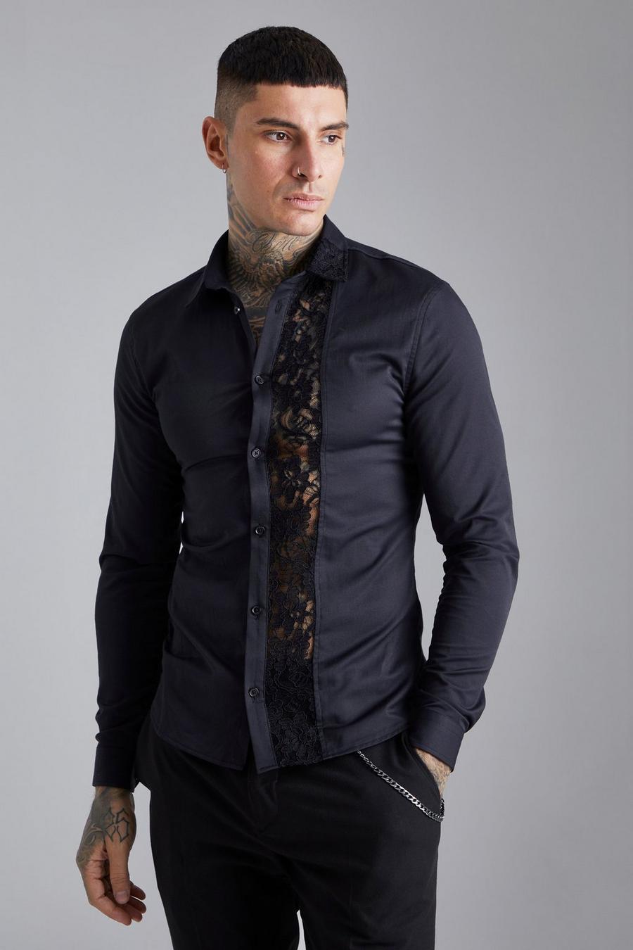 Black Long Sleeve Muscle Lace Insert Shirt  image number 1