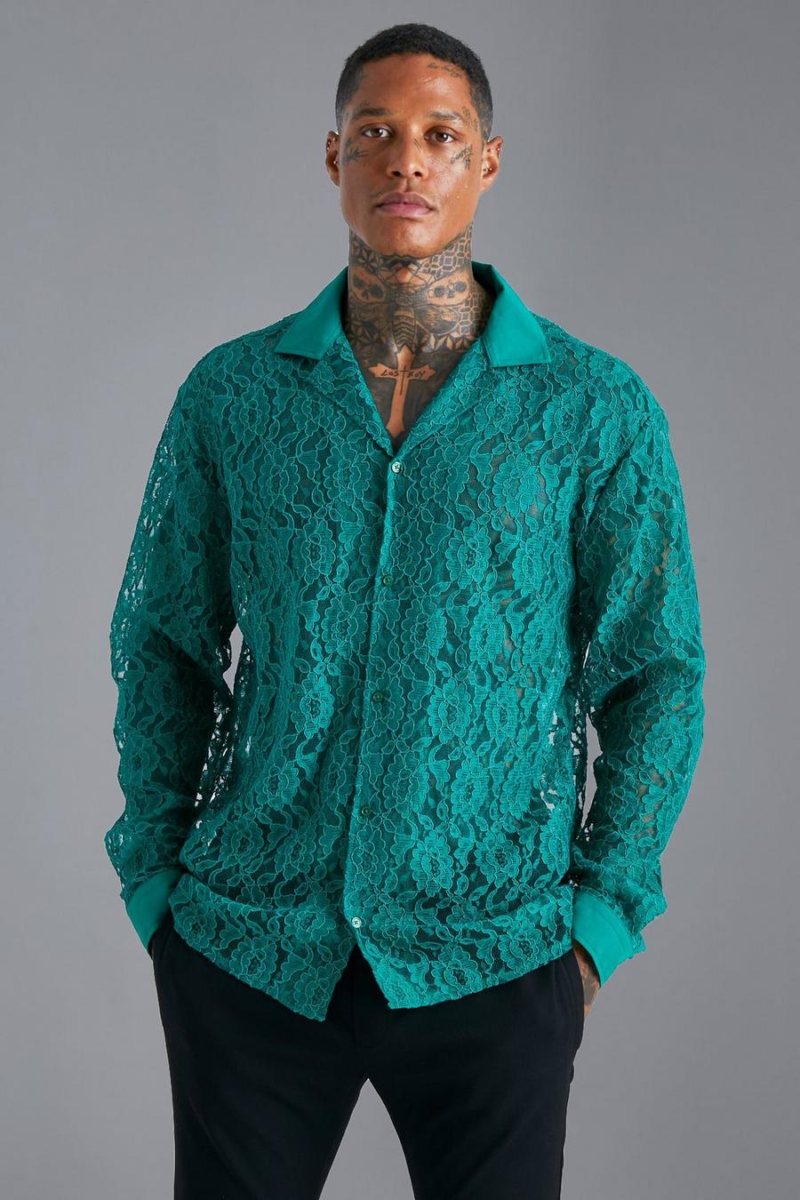 Forest green Long Sleeve Oversized Lace Shirt  image number 1