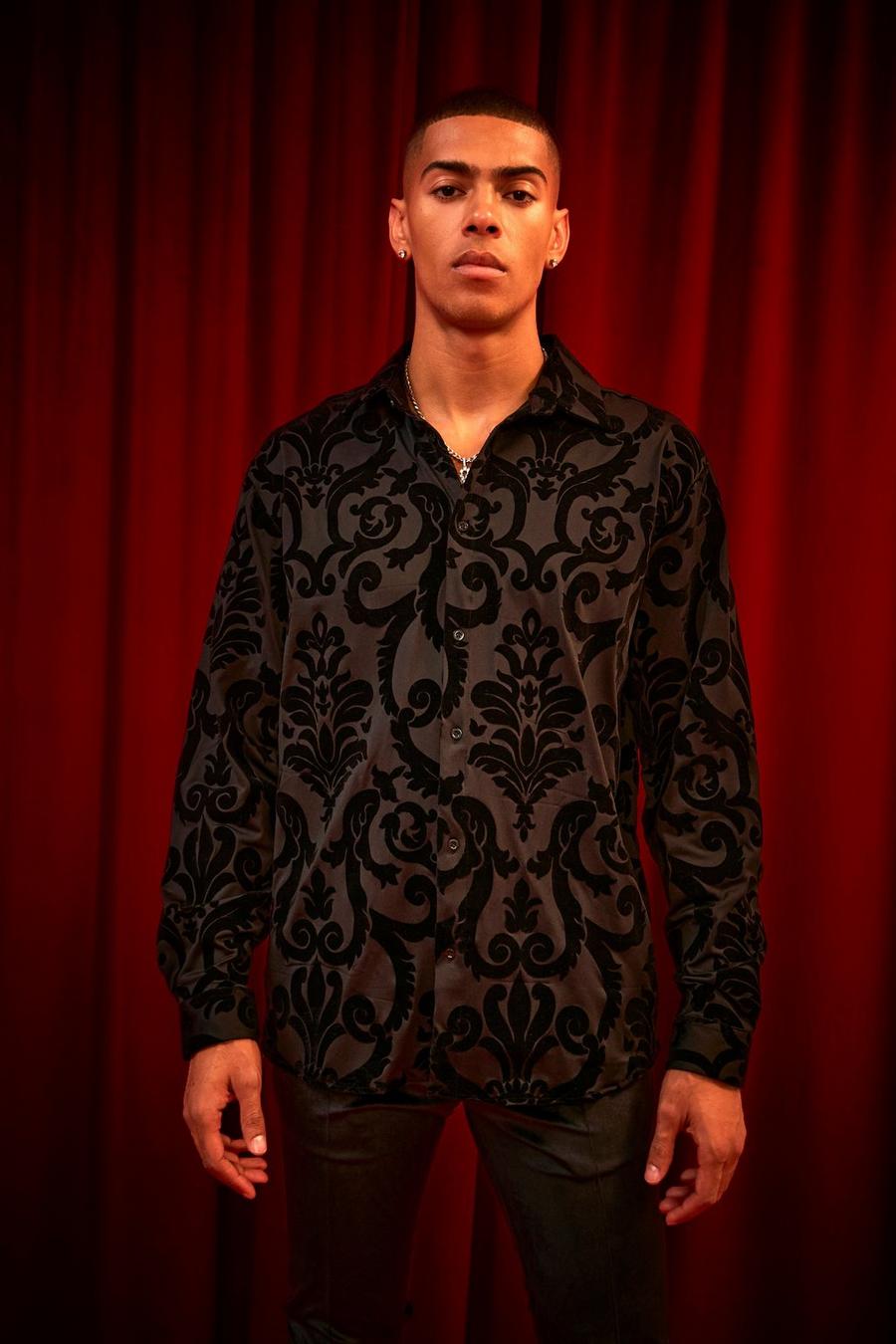 Black Long Sleeve Oversized Baroque Devore Shirt  image number 1