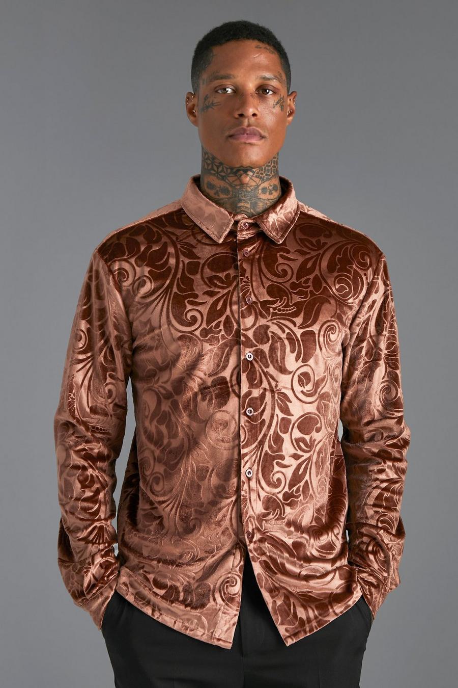 Chocolate marrón Long Sleeve Velvet Paisley Shirt 