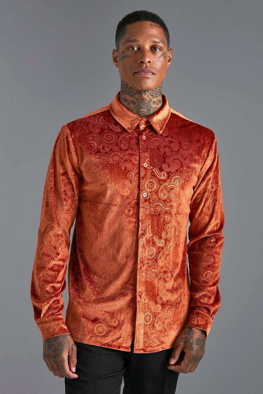 Burnt orange Long Sleeve Velvet Paisley Shirt 
