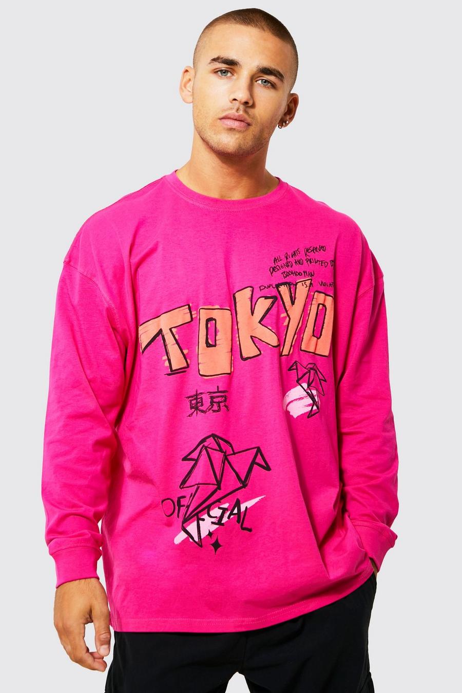 Pink Oversized Schets T-Shirt Met Print En Lange Mouwen image number 1
