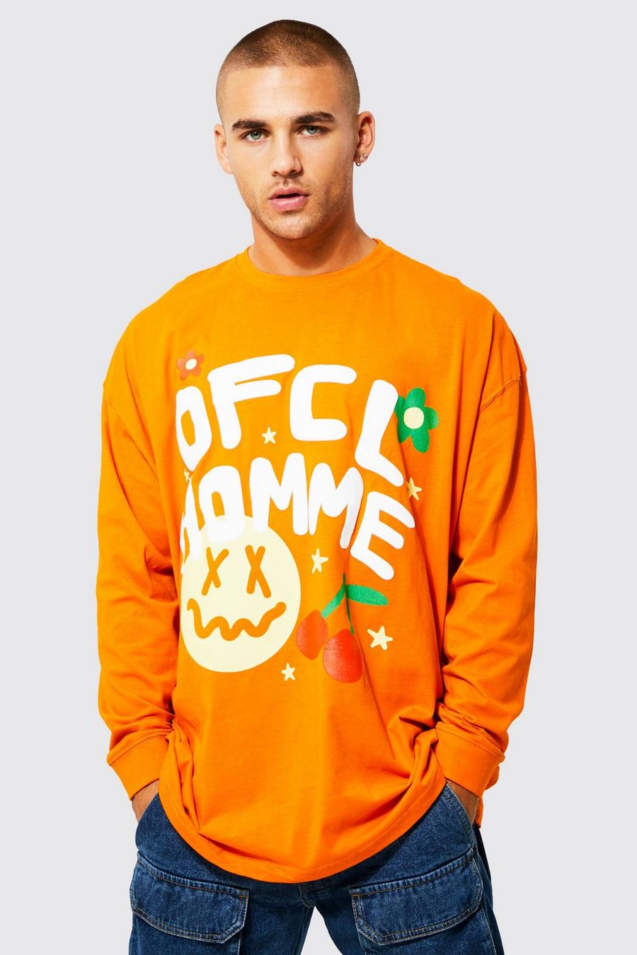 Orange Oversized Schets T-Shirt Met Print En Lange Mouwen image number 1