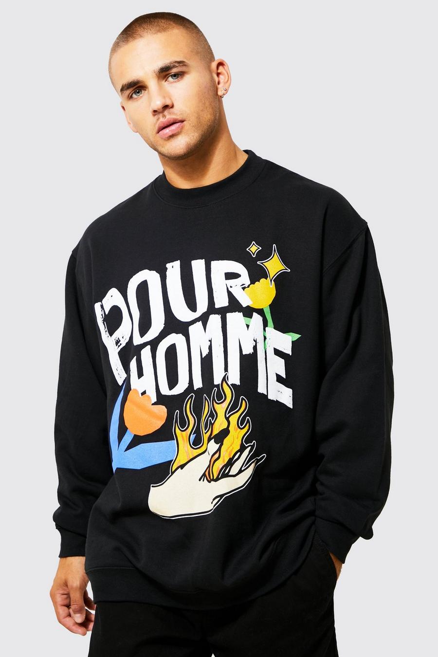 Black Homme Oversized sweatshirt med tryck image number 1