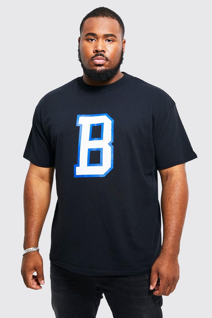 Camiseta Plus oversize con estampado universitario de letra B, Black image number 1