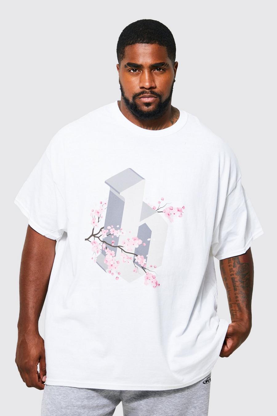 T-shirt Plus Size oversize stile college con scritte gotiche e fiori di ciliegio, White blanco