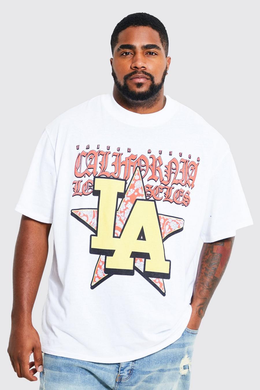 Camiseta Plus oversize con estampado universitario de LA con letras góticas, White bianco image number 1