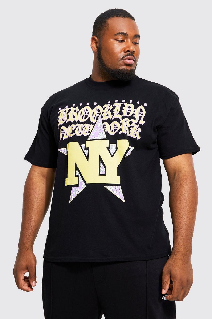 Camiseta Plus oversize con estampado universitario de NYC con letras góticas, Black nero image number 1