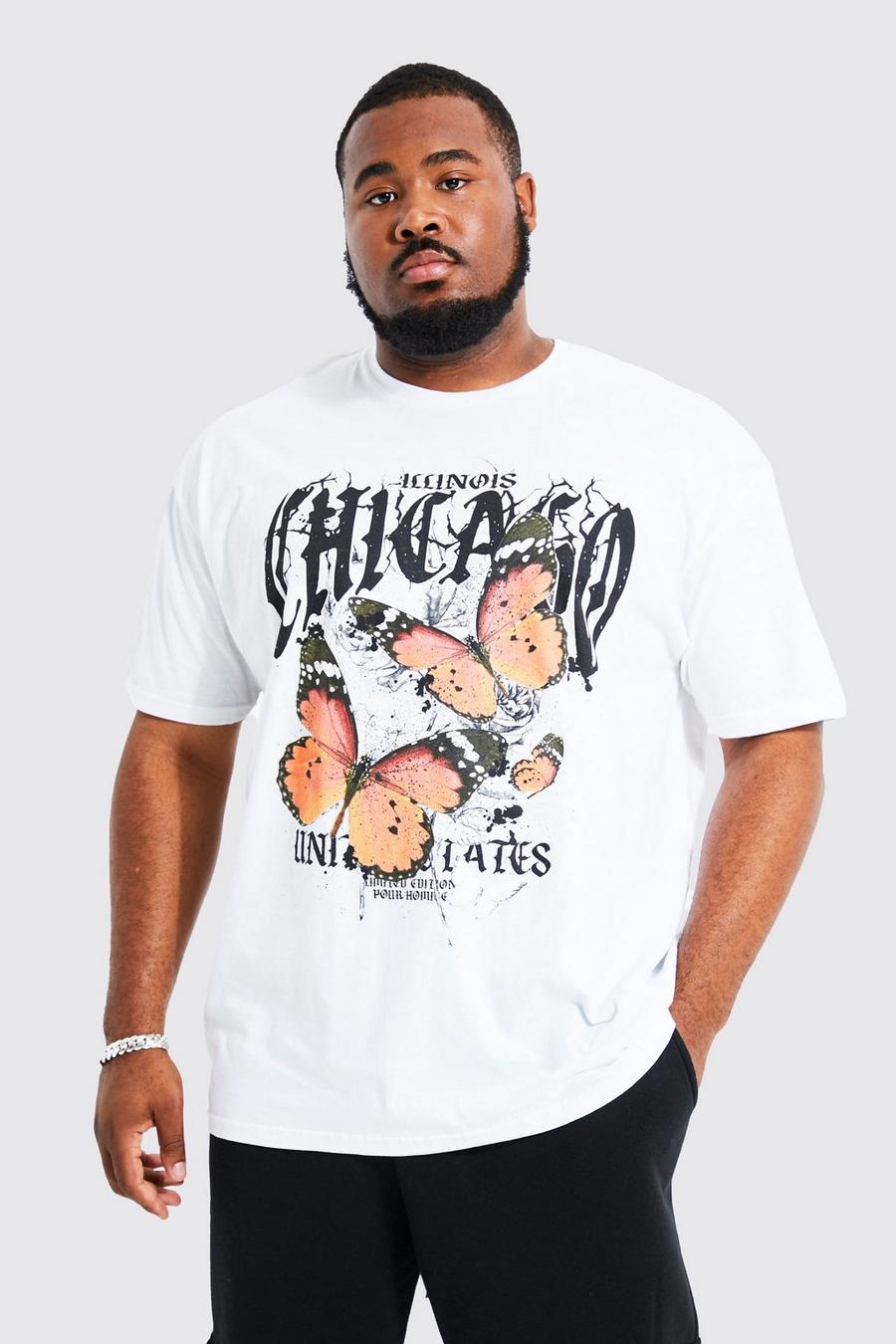 Camiseta Plus oversize con estampado de Chicago y mariposas, White bianco