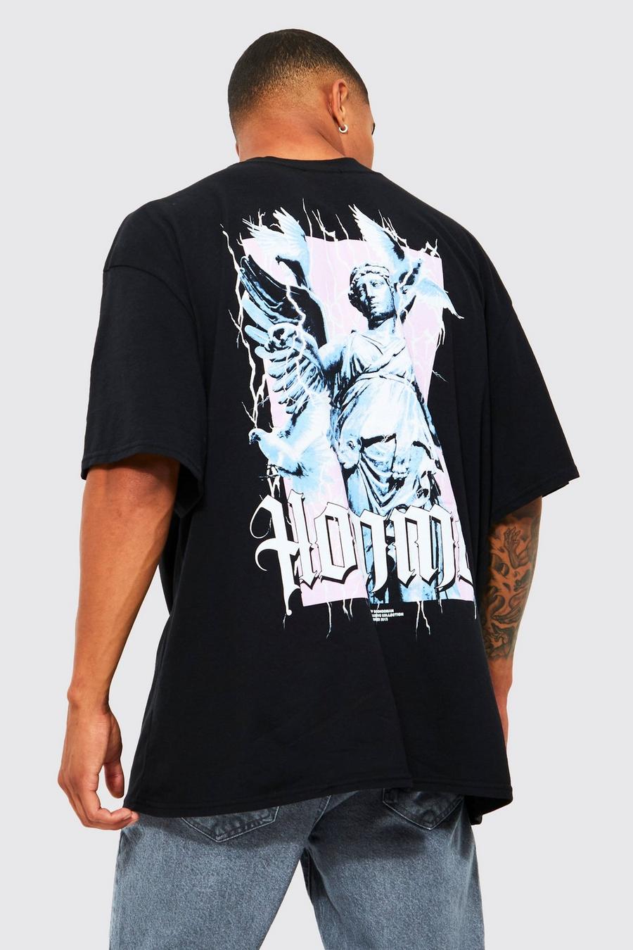 Camiseta Plus oversize con estampado gráfico de estatua y paloma en la espalda, Black nero