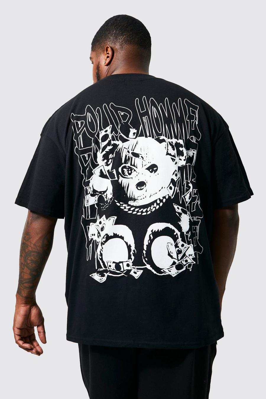 Camiseta Plus oversize con estampado de grafiti y osito en la espalda, Black image number 1