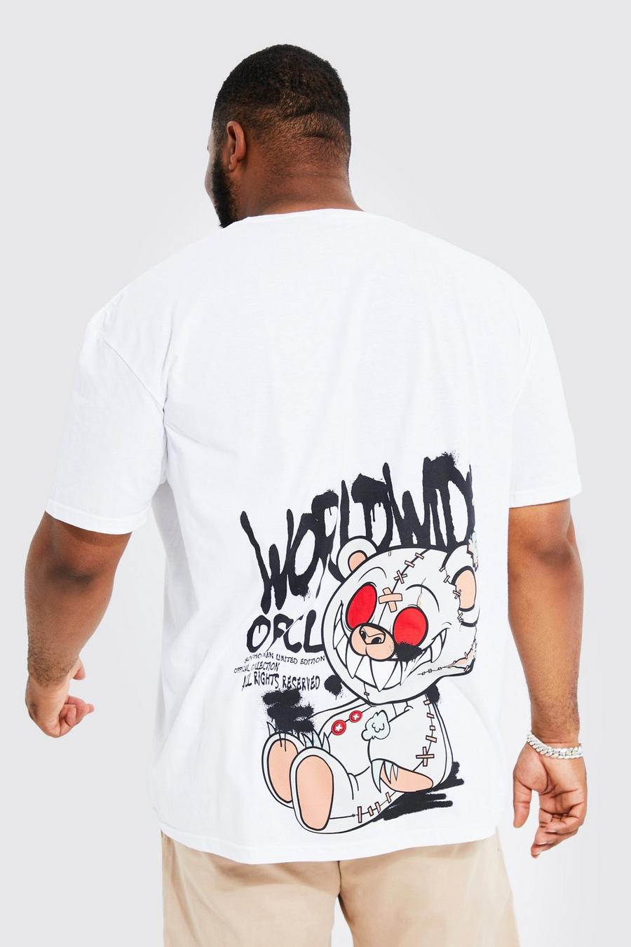 Teddy Drip Spray Painted Bear Graffiti Crew Neck Short Sleeve Men's White  T-shirt-XXL