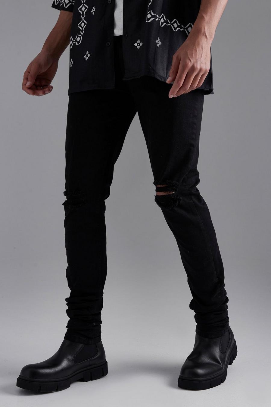Washed black Tall Skinny Stretch Stacked Ripped Knee Jeans image number 1